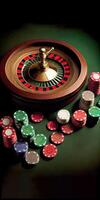 Wooden Roulette Wheel and Colorful Casino Token or Poker Chips Against Green Background. Casino Gambling Concept. Generative AI. photo