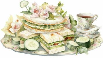 Herb Food Watercolor Painting of Sandwich Comestible Plate with Flower and Tea Cup for Party Concept. photo