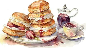 Watercolor Food Painting of Pancake Plate with Drink Jar and Cup. photo