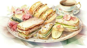 Herb Food Watercolor Painting of Sandwich Comestible Plate with Flower and Tea Cup for Party Concept. photo