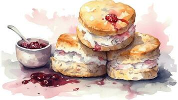 A Watercolor Dessert Food Painting of Jam Bowl with Pancake. photo