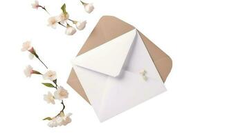 Top View of Greeting Card Envelope Mockup and Beautiful Cherry Blossom Branches. photo