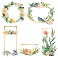 Watercolor Set of Birds with Flowers and Round and Rectangle Frame. png