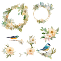 Watercolor Set of Birds with Flowers and Round Frame. png