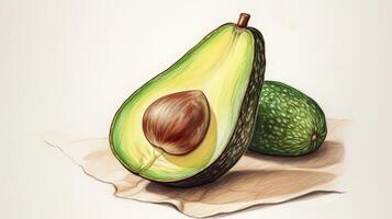 A Drawing Realistic Whole Avocado and Half Cut Piece. Generative AI. photo