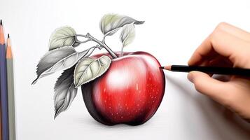 3D Art Presenting Image of Hand Drawing Realistic Red Apple with Pencil. Generative AI. photo