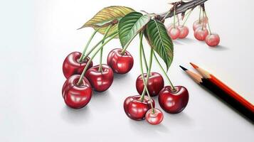 3D Art Image of Realistic Drawing Cherries Branch with Pencil Illustration. Generative AI. photo