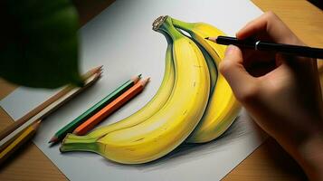 3D Art Presenting Image of Hand Drawing Realistic Banana Bunch with Pencil. Generative AI. photo