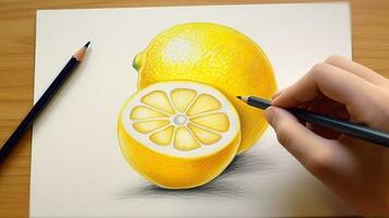 3D Art Presenting Image of Hand Drawing Realistic One Whole Lemon and Cut Slice with Pencil. Generative AI. photo