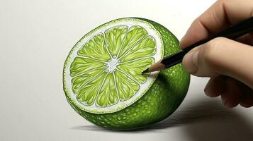 3D Art Presenting Image of Hand Drawing Realistic Lime Cut Slice with Pencil. Generative AI. photo
