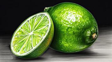 Realistic Fruit Image of One Whole Lime and Half Cut Slice on Grey Wooden Background. Generative AI. photo