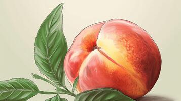 Watercolor Drawing Realistic Peach or Apricot Fruit with Leaves on Pastel Yellow Background. Generative AI. photo