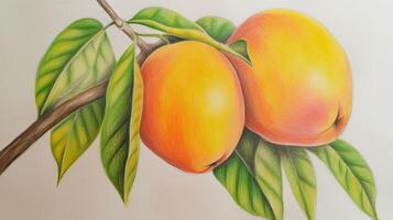 un pintura de realista mandarín ciruela o mango árbol rama. generativo ai. foto