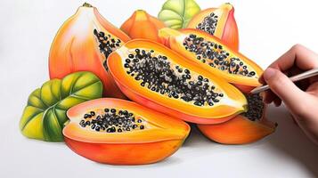 3D Art Presenting Image of Hand Drawing Realistic Whole Papaya and Half Cut Slice with Pencil. Generative AI. photo