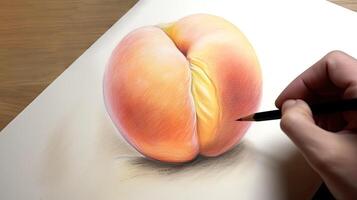 3D Art Presenting Image of Hand Drawing Realistic Peach with Pencil. Generative AI. photo