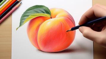 3D Art Presenting Image of Hand Drawing Realistic Peach with Pencil. Generative AI. photo