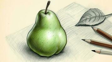 3D Art Image of Realistic Drawing Pear with Pencil Illustration. Generative AI. photo