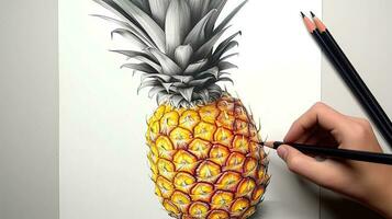 3D Art Presenting Image of Hand Drawing Realistic Pineapple with Pencil. Generative AI. photo