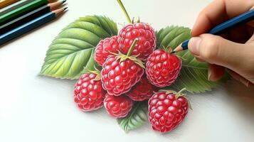 3D Art Presenting Image of Hand Drawing Realistic Raspberry with Pencil. Generative AI. photo