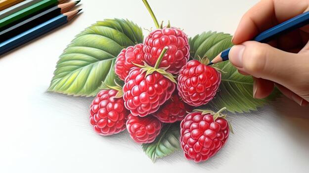 3D Art Presenting Image of Hand Drawing Realistic Raspberry with Pencil. . photo