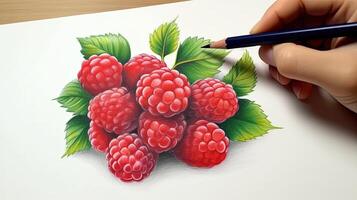 3D Art Presenting Image of Hand Drawing Realistic Raspberry with Pencil. . photo