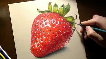 3D Art Presenting Image of Hand Drawing Realistic Strawberry with Pencil. Generative AI. photo