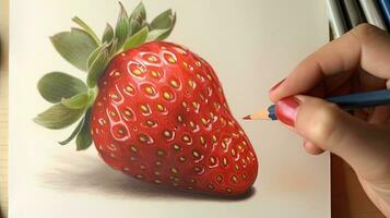 3D Art Presenting Image of Hand Drawing Realistic Strawberry with Pencil. Generative AI. photo