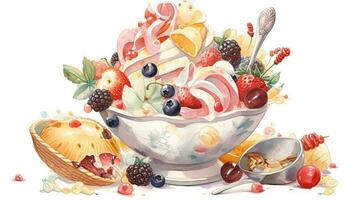 Watercolor Image of Berries Garnish Ice Cream Serving Bowl with Spoon. photo