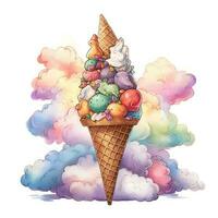 A Painting of Colorful Skyline Ice Cream Wafer Cone in Sky Clouds. photo