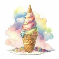 A Painting of Colorful Skyline Ice Cream Wafer Cone in Clouds. photo
