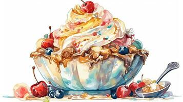 Watercolor Image of Berries Garnish Ice Cream Serving Bowl with Spoon. photo