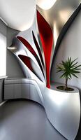 Modern Design Architectural Interior with Abstract Large Planter, Red and Silver Color Scheme. Generative AI Technology. photo