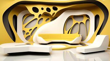 Ultra Modern Living Room with Futuristic Sofa or Lounger and 3D Abstract Design on the Wall. Technology. photo