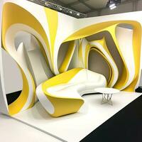 moderno diseño interior de futurista arquitectónico con salón sofá, redondo mesa en amarillo y blanco color. generativo ai tecnología. foto