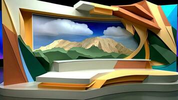 3D Colorful Diorama Mountain Landscape Intricate Design on Wall, Architectural Photography. Generative AI Technology. photo