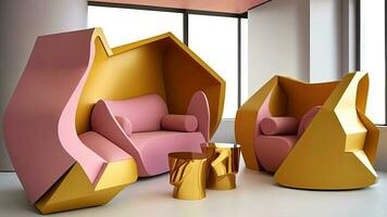 Chrome Yellow and PInk Modern Comfortable Furniture as Sofa and Stool in Interior Design Surrounded by Glass Windows. Generative AI Technology. photo