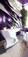 Cropped Image of Modern Architecture Interior Design with Plant Pots on White Desk and Abstract Wall. Purple and White Scheme, Generative AI Technology. photo