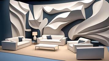 Ultra Modern Living Room with Sofas Facing Each Other, Table Lamp and 3D Abstract Design on the Wall. Technology. photo