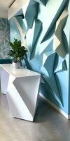 moderno diseño geométrico pared cerca planta maceta en blanco escritorio en arquitectónico interior. azul y blanco color esquema, generativo ai tecnología. foto