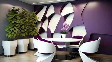 Modern Design Architecture Interior of Restaurant or House with Dining Table Set and Decorative Plant Pots. Purple and White Color Theme. Generative AI Technology. photo