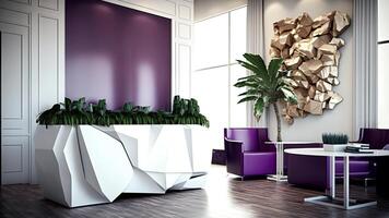 Purple and White Color Scheme for Customer Seating Area Interior a Pub Cafe or Restaurant with No People, Decorative Plants. Generative AI Technology. photo