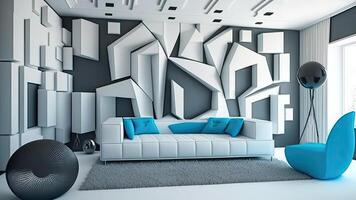 Ultra Modern Living Room with Armchair, Lounge Sofa, Floor Sphere Lamp and 3D Geometric Design on the Wall. Technology. photo