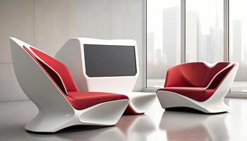 Futuristic Digital Kiosk and Modern Chairs, Large Windows Overlooking City View in Interior Design. Technology. photo
