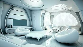 futurista vivo habitación moderno interior en un ciencia ficción diseño, pared montado grande plano televisión pantalla y presentando mueble. generativo ai tecnología. foto