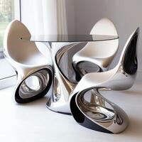 Ultra Modern Futuristic Dining Table Setup of Three Chairs and a Table in Interior Design. Technology. photo