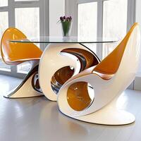 Ultra Modern Futuristic Dining Table Setup of Luxury Two Chairs and Flower Vase on Glass Table in Interior Design. Technology. photo