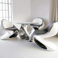 Ultra Modern Futuristic Dining Table Setup of Three Chairs and a Table in Interior Design. Technology. photo