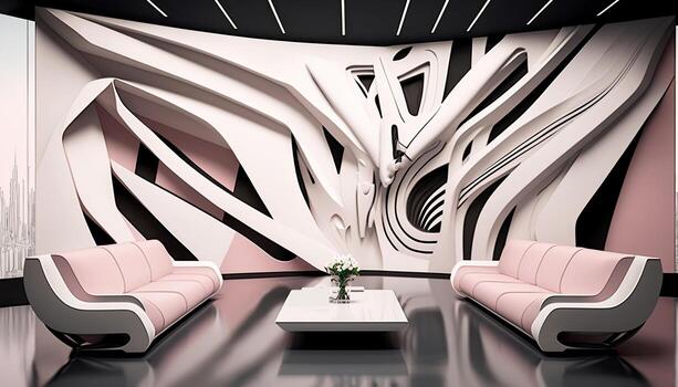 Modern Interior Design with Sofas Facing Each Other, Plant Pot Over Table and 3D Abstract Wall Cladding. Technology. photo