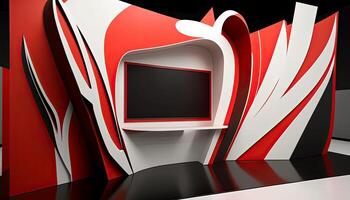 Modern Visionary Interior Design with Wall Mounted Digital Display Screen on 3D Abstract Wallpaper. Technology. photo