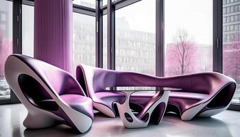 Luxury Living Room Interior with Wraparound Glass Window Overlooking the City, Purple Ultra Modern Sofas. Generative AI Technology. photo